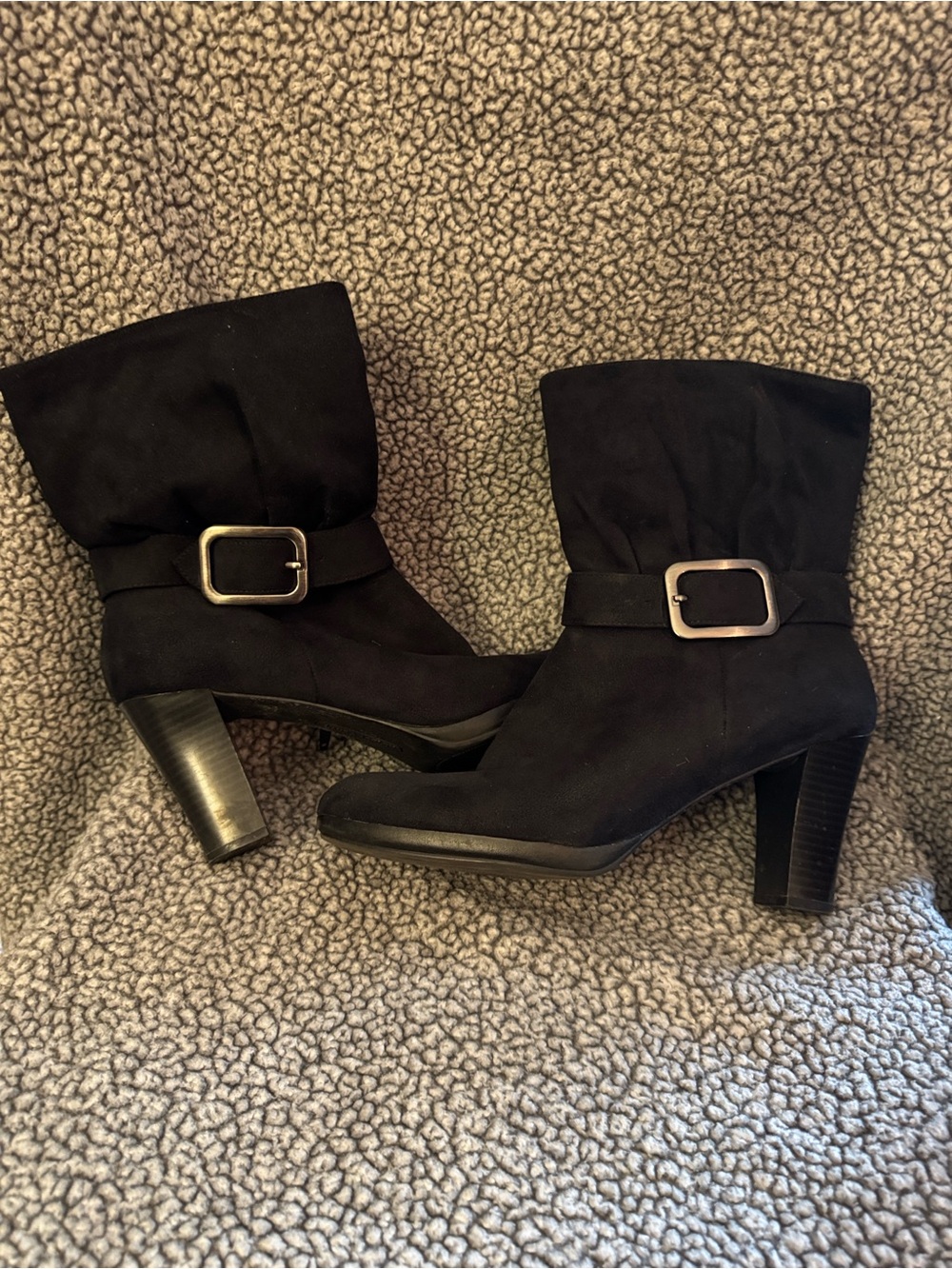 Black Suede Mid-Calf Heeled Boots with Decorative Buckle